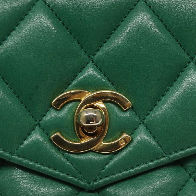 CHANEL Matelasse Pouch Lamb Skin Green Gold CC Auth BA1293