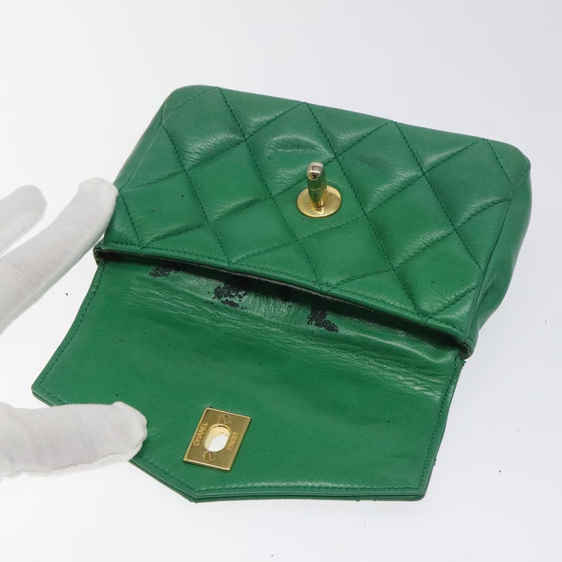 CHANEL Matelasse Pouch Lamb Skin Green Gold CC Auth BA1293