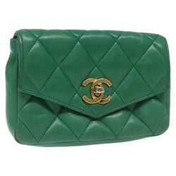CHANEL Matelasse Pouch Lamb Skin Green Gold CC Auth BA1293