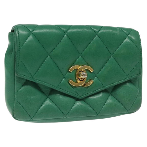 CHANEL Matelasse Pouch Lamb Skin Green Gold CC Auth BA1293