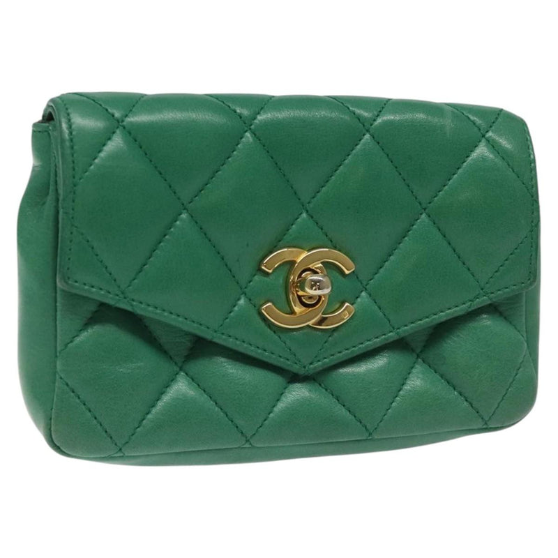 CHANEL Matelasse Pouch Lamb Skin Green Gold CC Auth BA1293