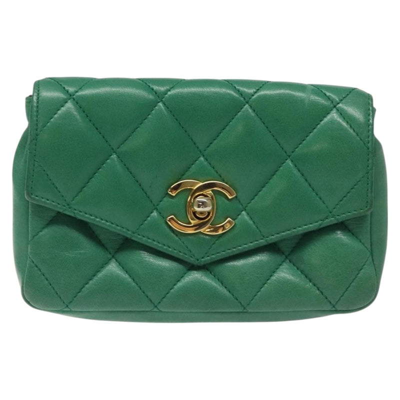 CHANEL Matelasse Pouch Lamb Skin Green Gold CC Auth BA1293