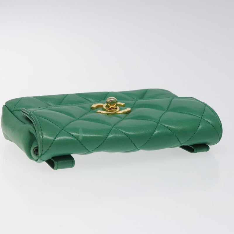 CHANEL Matelasse Pouch Lamb Skin Green Gold CC Auth BA1293
