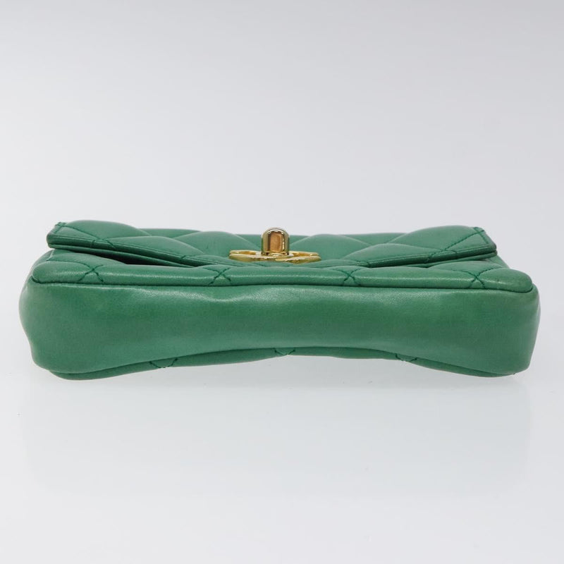 CHANEL Matelasse Pouch Lamb Skin Green Gold CC Auth BA1293