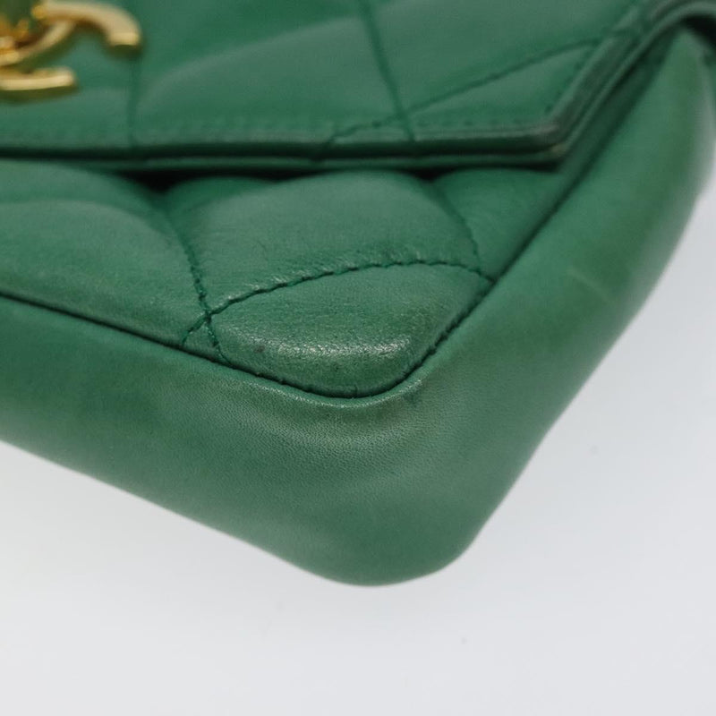 CHANEL Matelasse Pouch Lamb Skin Green Gold CC Auth BA1293