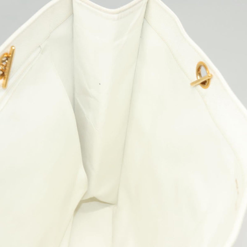 CHANEL Tote Bag Caviar Skin White Gold CC Auth bs24531