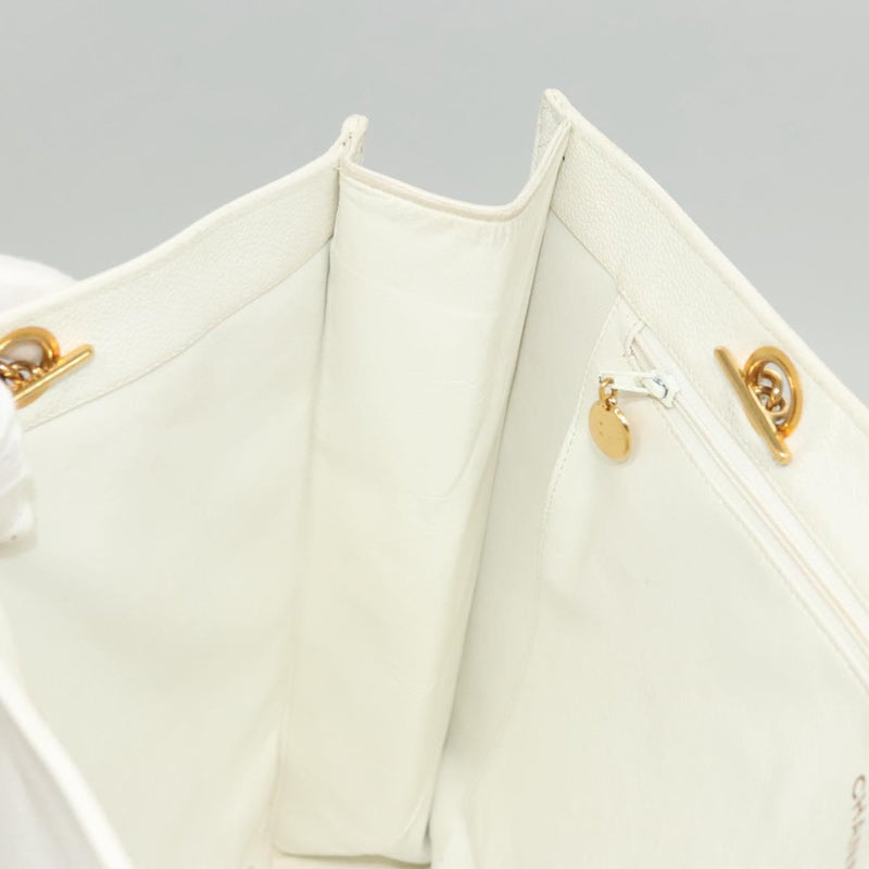 CHANEL Tote Bag Caviar Skin White Gold CC Auth bs24531