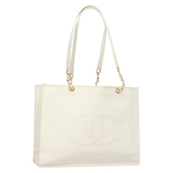 CHANEL Tote Bag Caviar Skin White Gold CC Auth bs24531