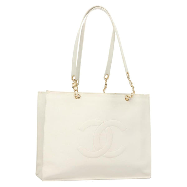 CHANEL Tote Bag Caviar Skin White Gold CC Auth bs24531