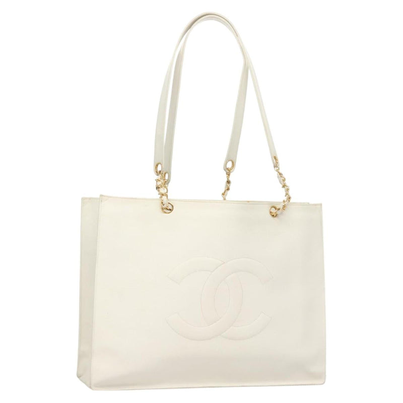 CHANEL Tote Bag Caviar Skin White Gold CC Auth bs24531