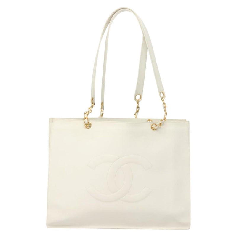 CHANEL Tote Bag Caviar Skin White Gold CC Auth bs24531