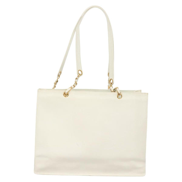 CHANEL Tote Bag Caviar Skin White Gold CC Auth bs24531