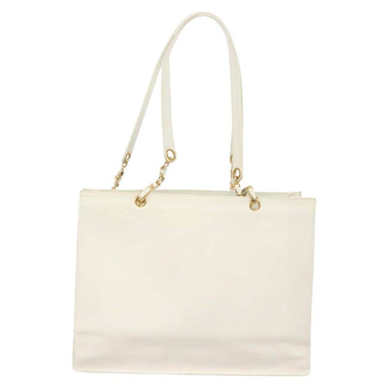 CHANEL Tote Bag Caviar Skin White Gold CC Auth bs24531