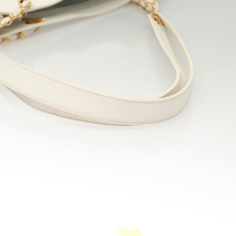 CHANEL Tote Bag Caviar Skin White Gold CC Auth bs24531