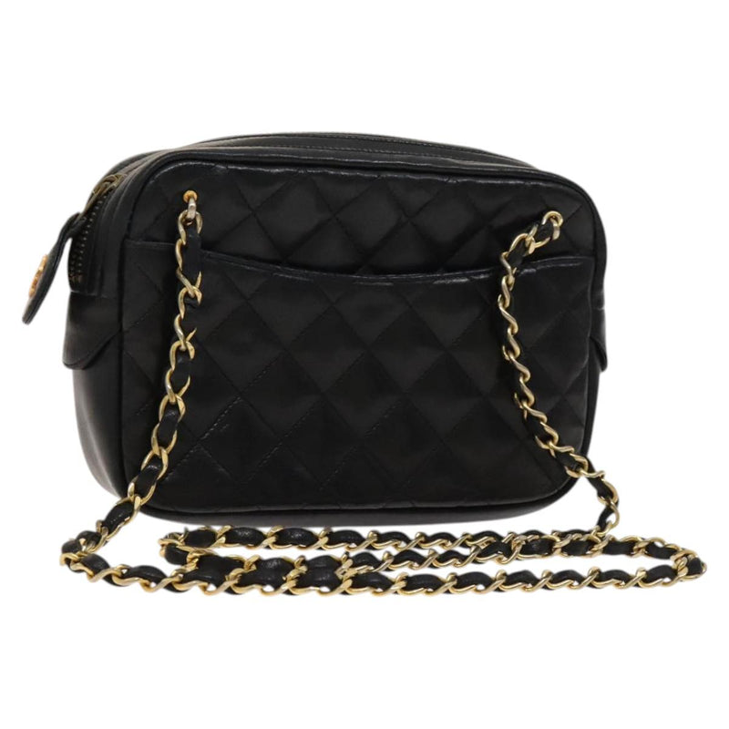 CHANEL Matelasse Chain Shoulder Bag Lamb Skin Black Gold CC Auth bs24532