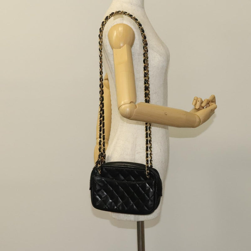 CHANEL Matelasse Chain Shoulder Bag Lamb Skin Black Gold CC Auth bs24532