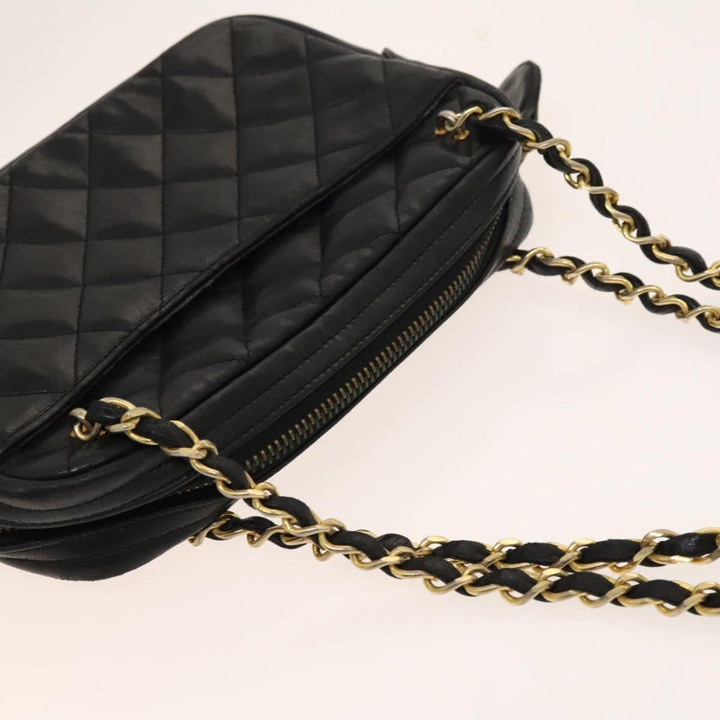 CHANEL Matelasse Chain Shoulder Bag Lamb Skin Black Gold CC Auth bs24532