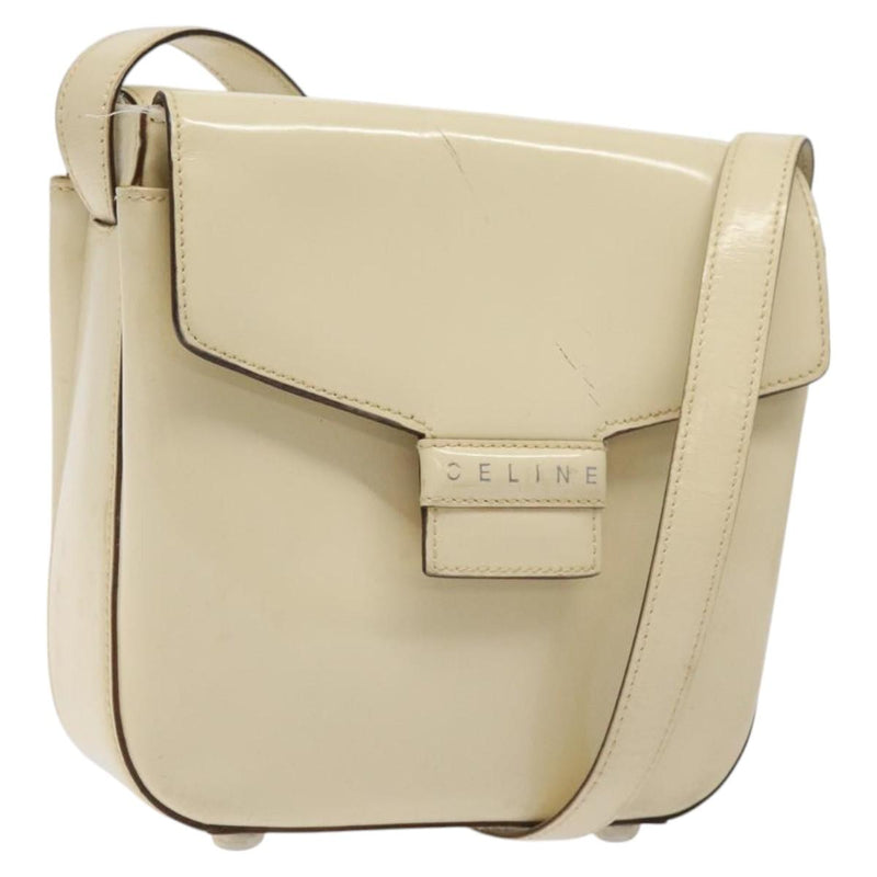 CELINE Shoulder Bag Enamel Silver Cream Auth bs24599