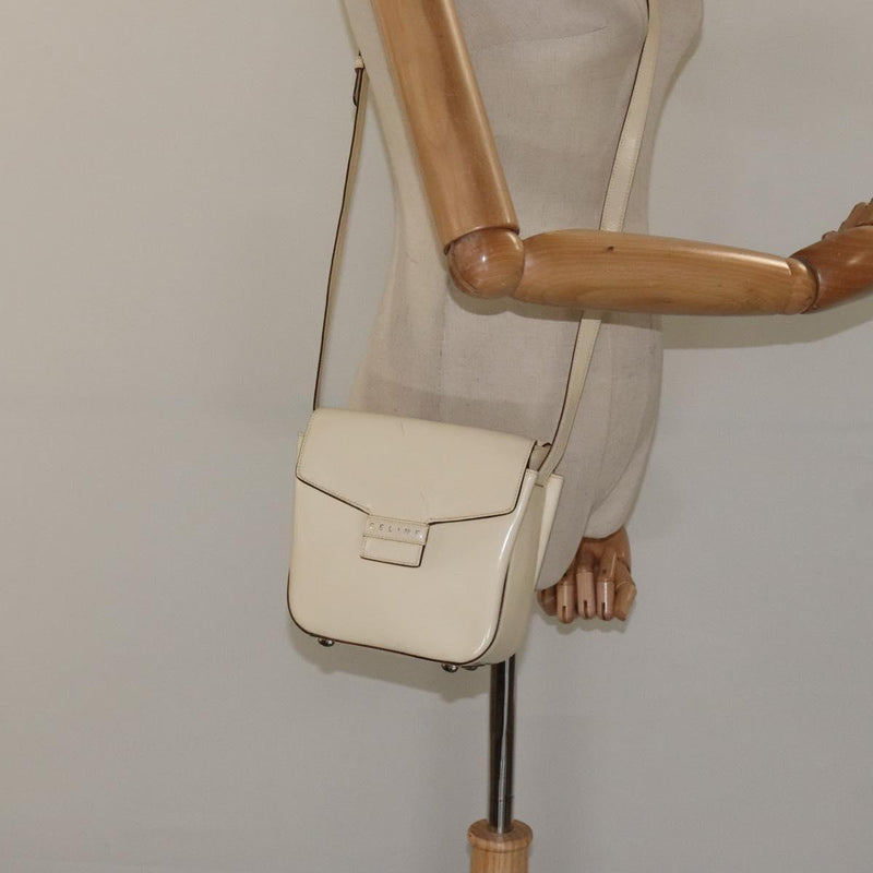 CELINE Shoulder Bag Enamel Silver Cream Auth bs24599