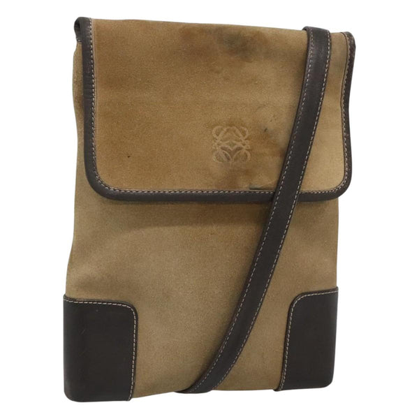 LOEWE Anagram Shoulder Bag Suede Leather Beige Gold Auth bs24635