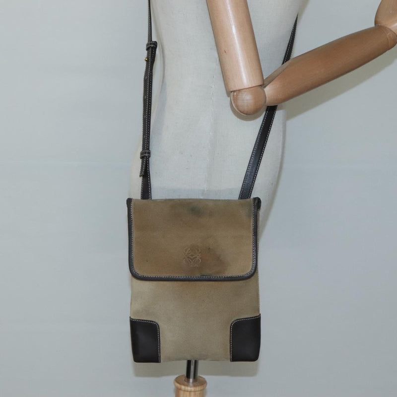 LOEWE Anagram Shoulder Bag Suede Leather Beige Gold Auth bs24635