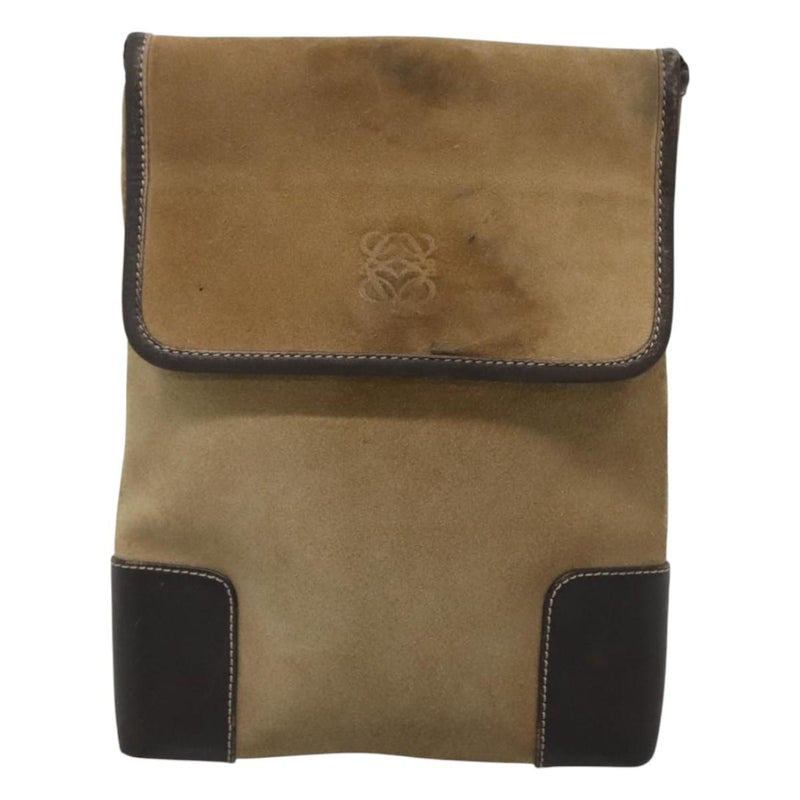 LOEWE Anagram Shoulder Bag Suede Leather Beige Gold Auth bs24635