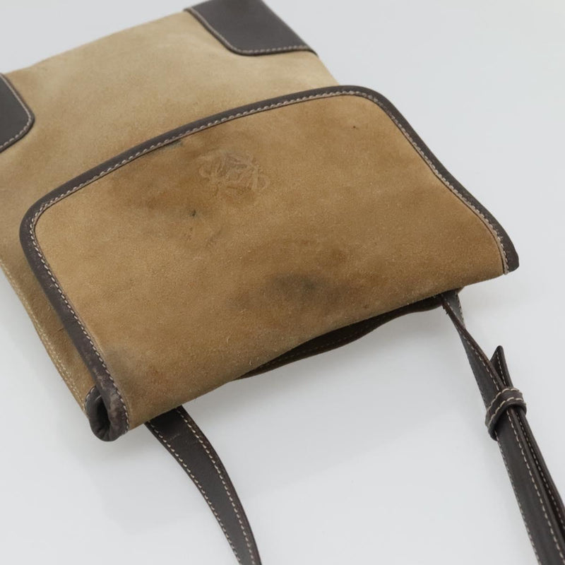 LOEWE Anagram Shoulder Bag Suede Leather Beige Gold Auth bs24635