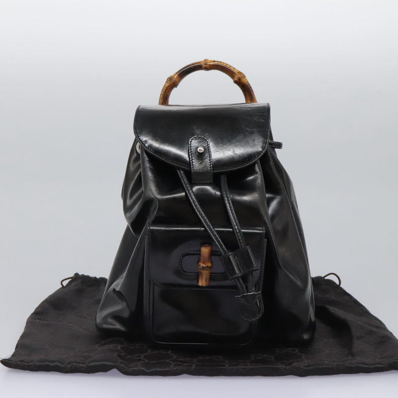 GUCCI Bamboo Backpack Enamel Black Silver 003 2034 0030 Auth bs24652