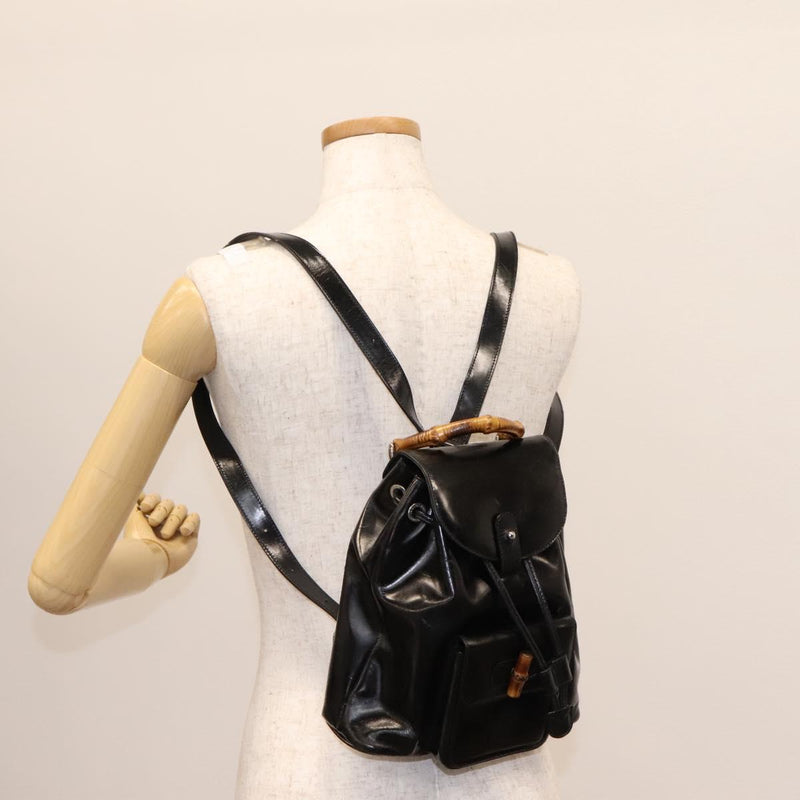 GUCCI Bamboo Backpack Enamel Black Silver 003 2034 0030 Auth bs24652
