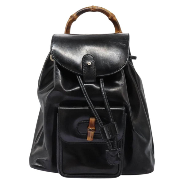 GUCCI Bamboo Backpack Enamel Black Silver 003 2034 0030 Auth bs24652