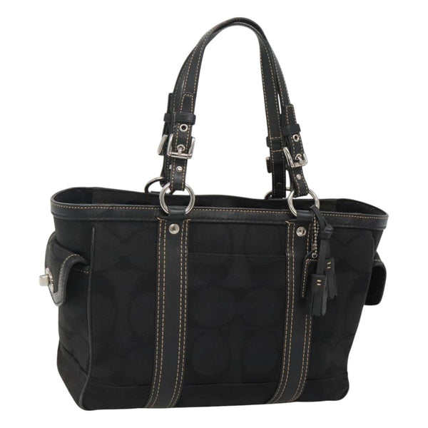 Coach Signature Hand Bag Canvas Black Silver Auth bs24653