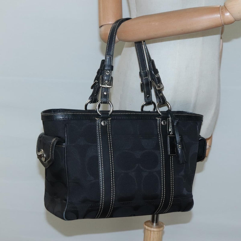Coach Signature Hand Bag Canvas Black Silver Auth bs24653