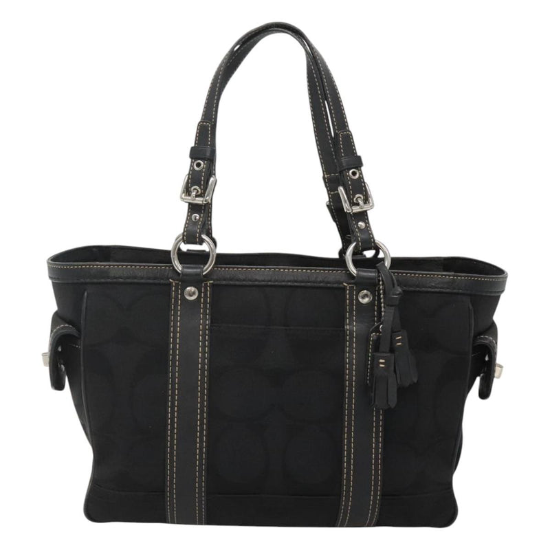 Coach Signature Hand Bag Canvas Black Silver Auth bs24653