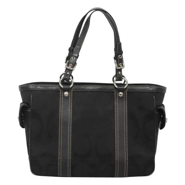 Coach Signature Hand Bag Canvas Black Silver Auth bs24653