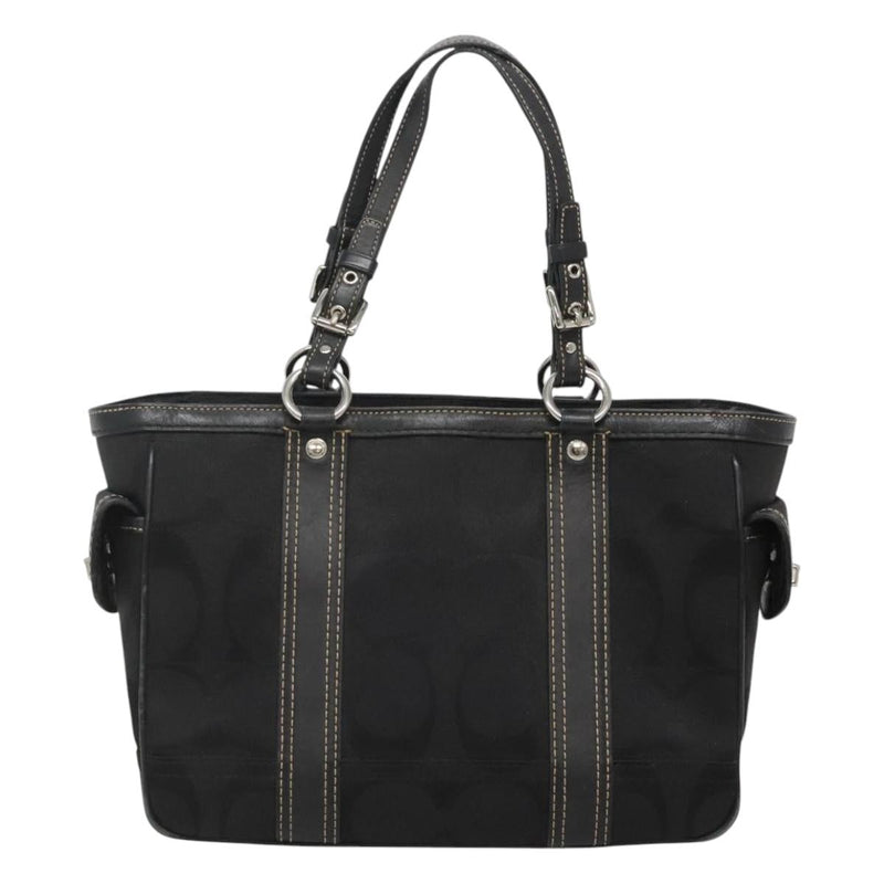 Coach Signature Hand Bag Canvas Black Silver Auth bs24653