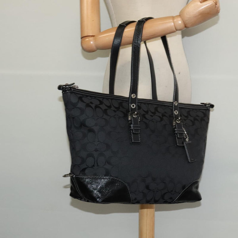 Coach Signature Tote Bag Canvas Black Silver Auth bs24737