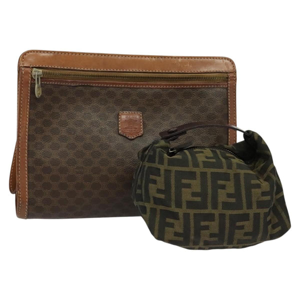CELINE Fendi Macadam Canvas Zucca Canvas Bag PVC Leather 2Set Brown Auth bs24742