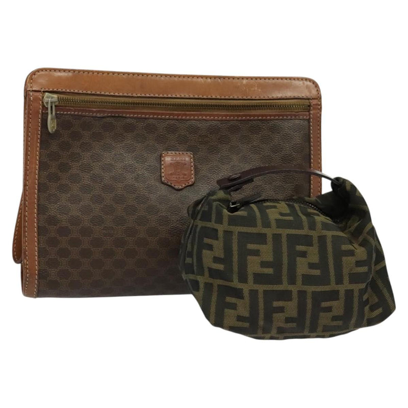 CELINE Fendi Macadam Canvas Zucca Canvas Bag PVC Leather 2Set Brown Auth bs24742