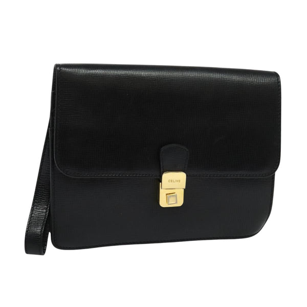CELINE Clutch Bag Leather Black Gold Auth bs24779