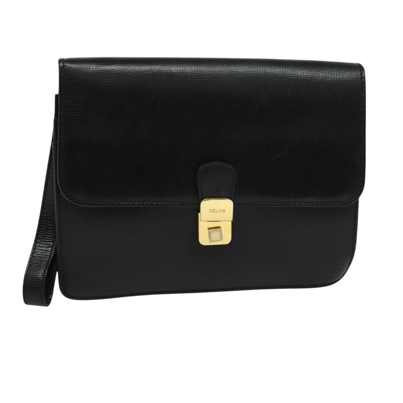 CELINE Clutch Bag Leather Black Gold Auth bs24779