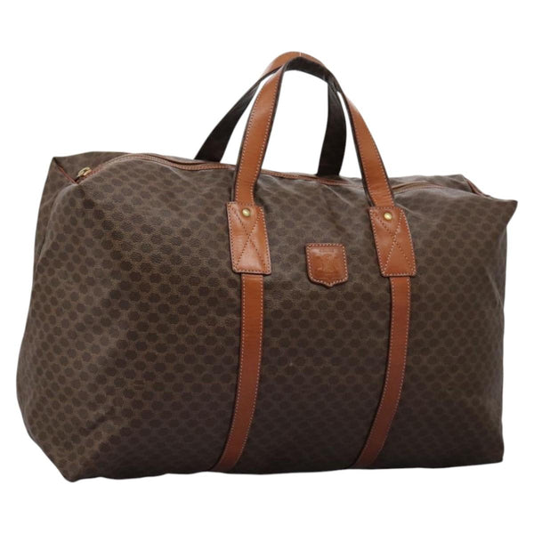 CELINE Macadam Canvas Boston Bag PVC Leather Brown Gold Auth bs24789