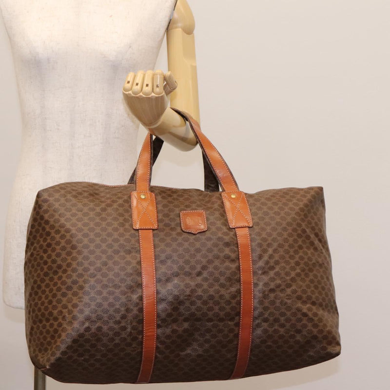 CELINE Macadam Canvas Boston Bag PVC Leather Brown Gold Auth bs24789