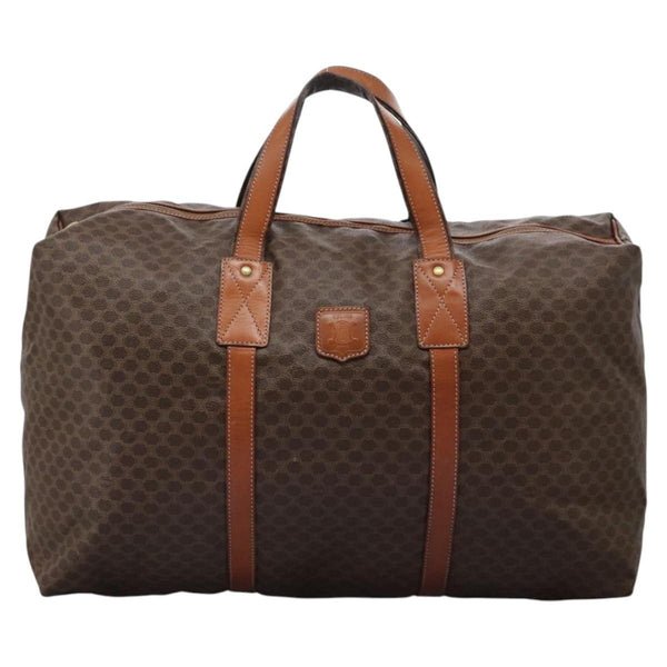 CELINE Macadam Canvas Boston Bag PVC Leather Brown Gold Auth bs24789