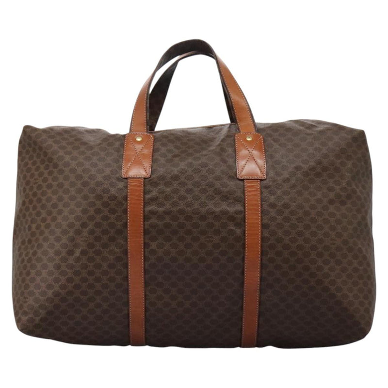 CELINE Macadam Canvas Boston Bag PVC Leather Brown Gold Auth bs24789