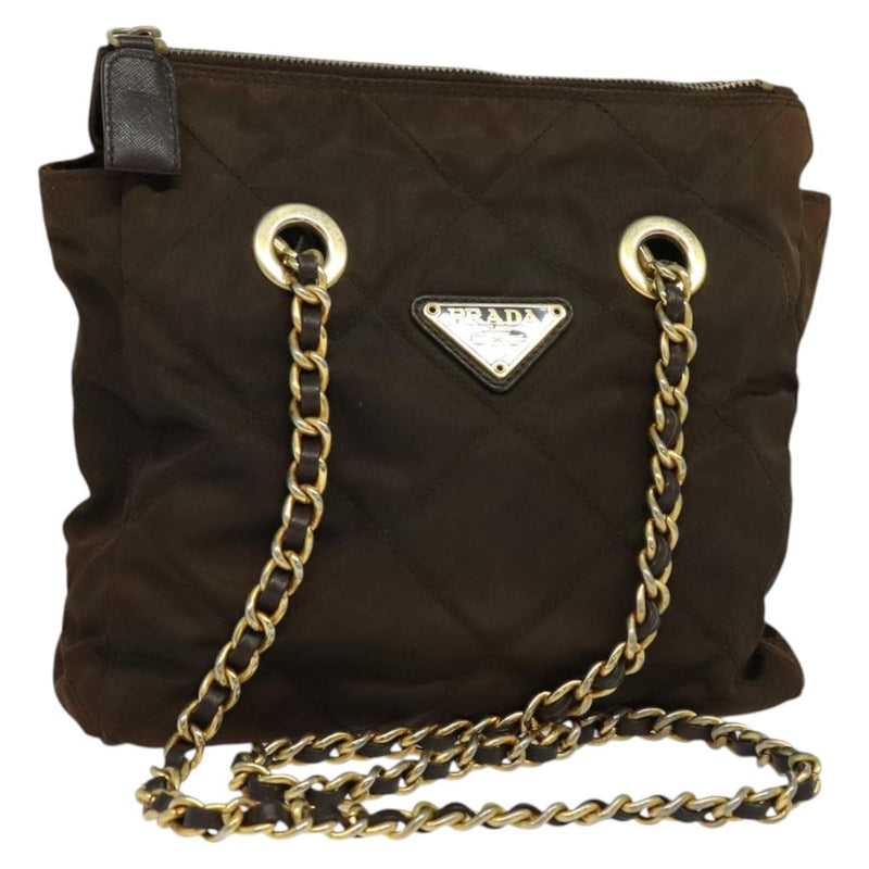 PRADA Chain Shoulder Bag Nylon Brown Gold Auth bs24822