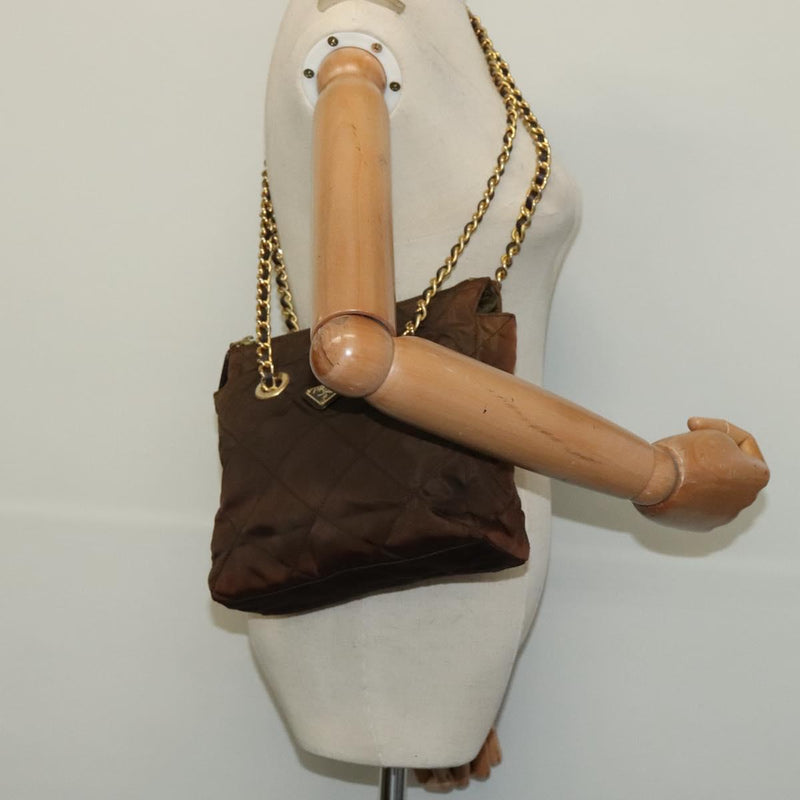 PRADA Chain Shoulder Bag Nylon Brown Gold Auth bs24822
