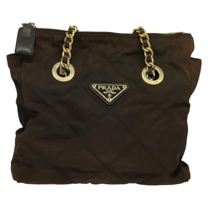 PRADA Chain Shoulder Bag Nylon Brown Gold Auth bs24822