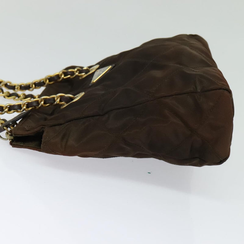 PRADA Chain Shoulder Bag Nylon Brown Gold Auth bs24822