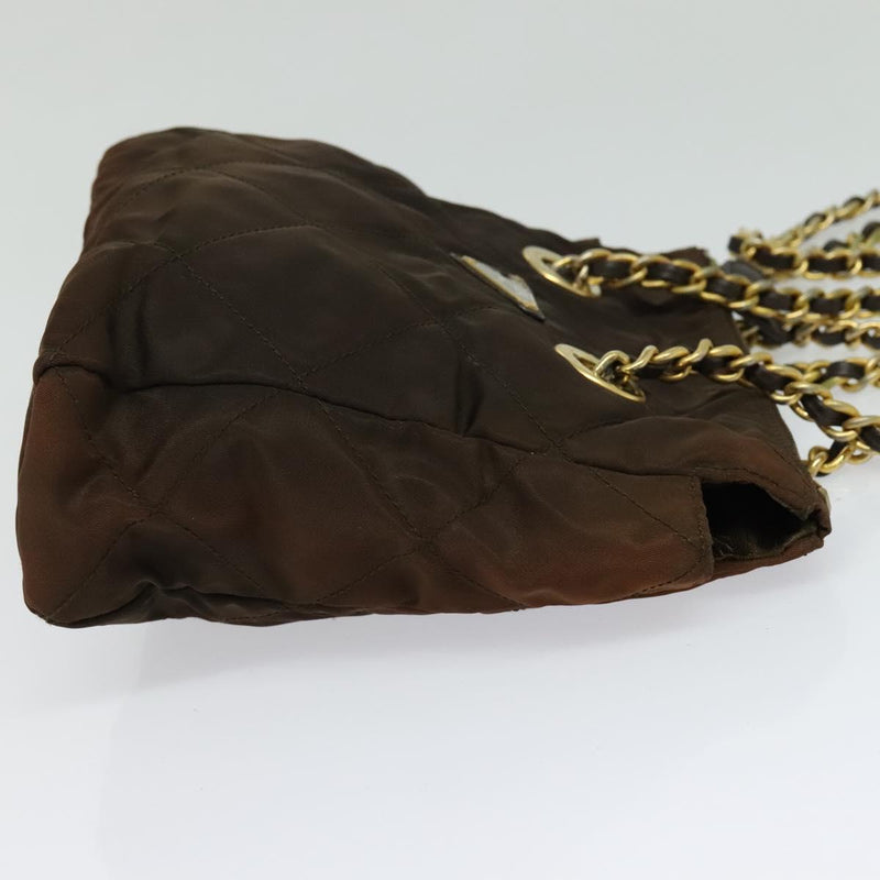 PRADA Chain Shoulder Bag Nylon Brown Gold Auth bs24822
