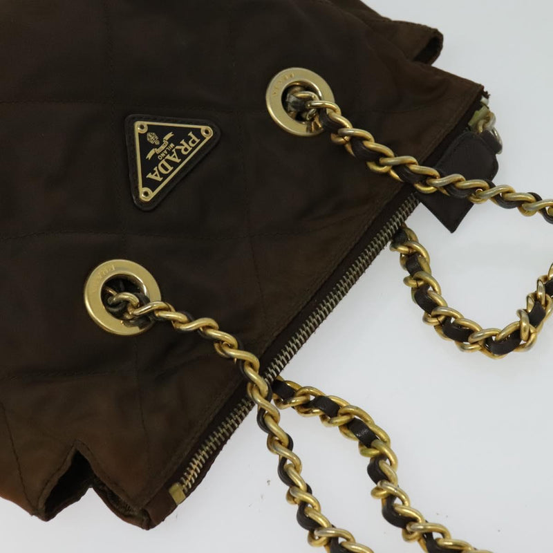 PRADA Chain Shoulder Bag Nylon Brown Gold Auth bs24822